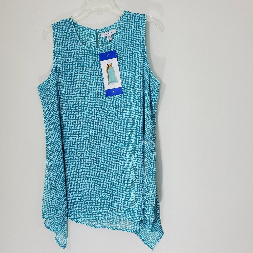 NWT Fever Blue/White High Low Blouse, Size Large